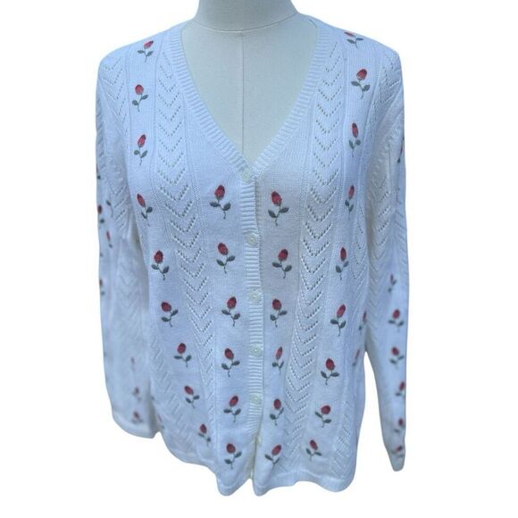Vintage Y2K Natural Reflections White Floral Embroidered Cardigan Size Medium - Picture 2 of 7